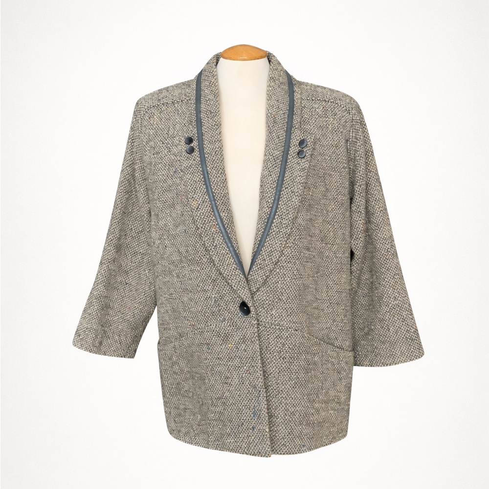 VINTAGE - San Bo Tweed Wool-Blend Jacket with Faux Leather Trim - Picture 2 of 14